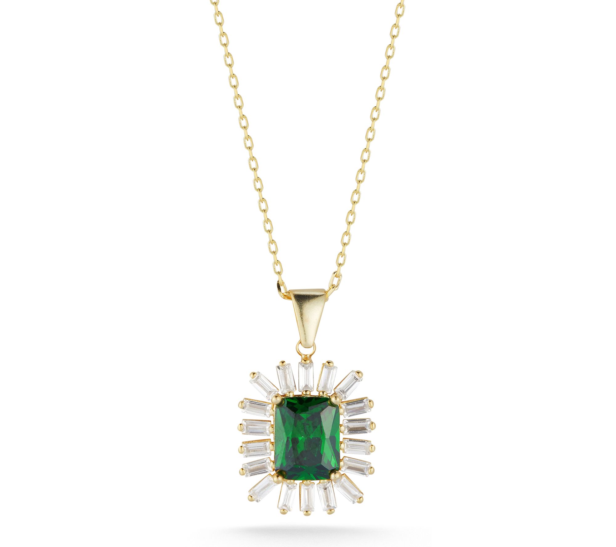 Sterlina Silver Green Emerald Cut Pendant w/ Chain, Sterling