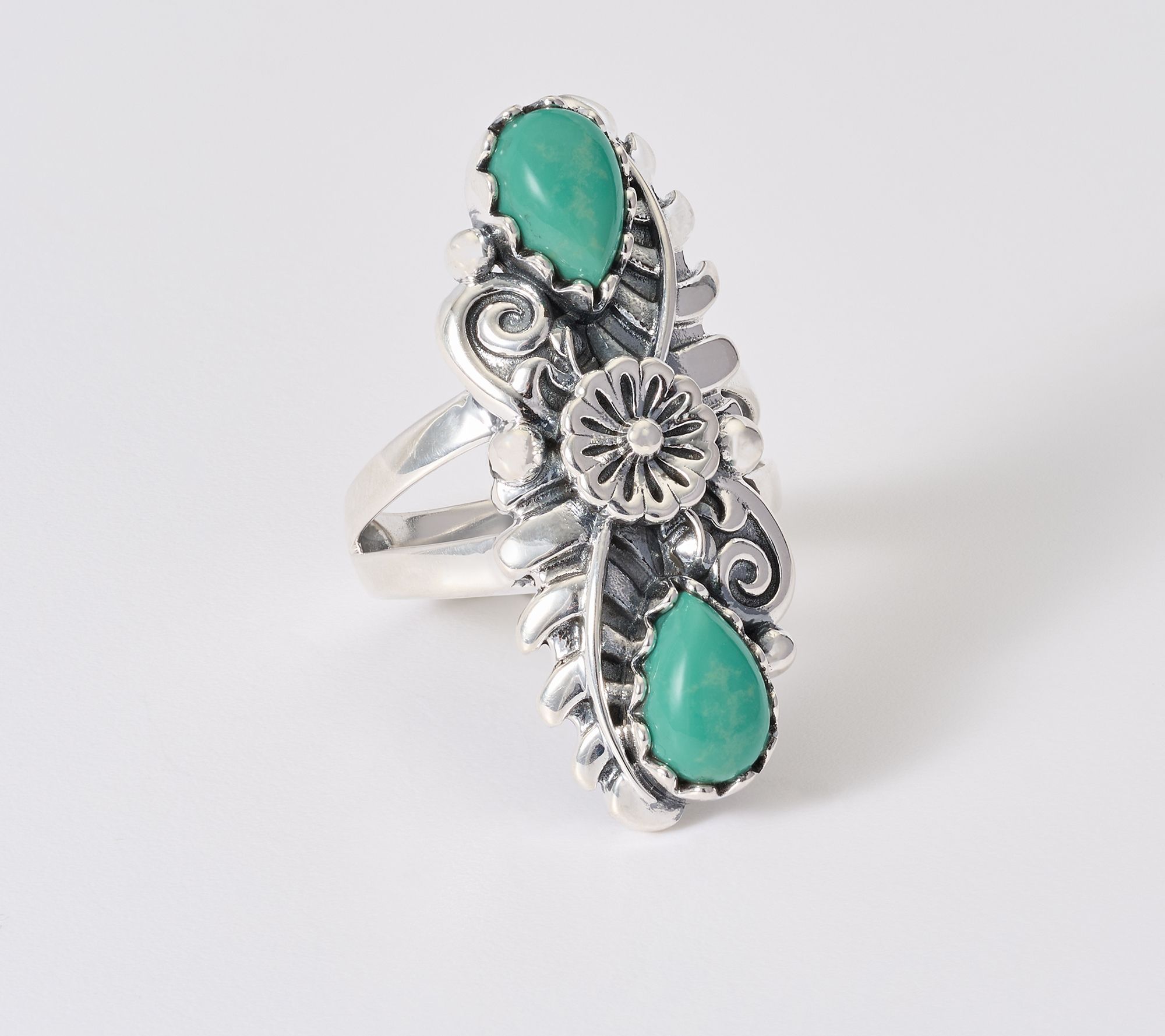 American West Sterling Silver Pear Gemstone & Leaf Ring