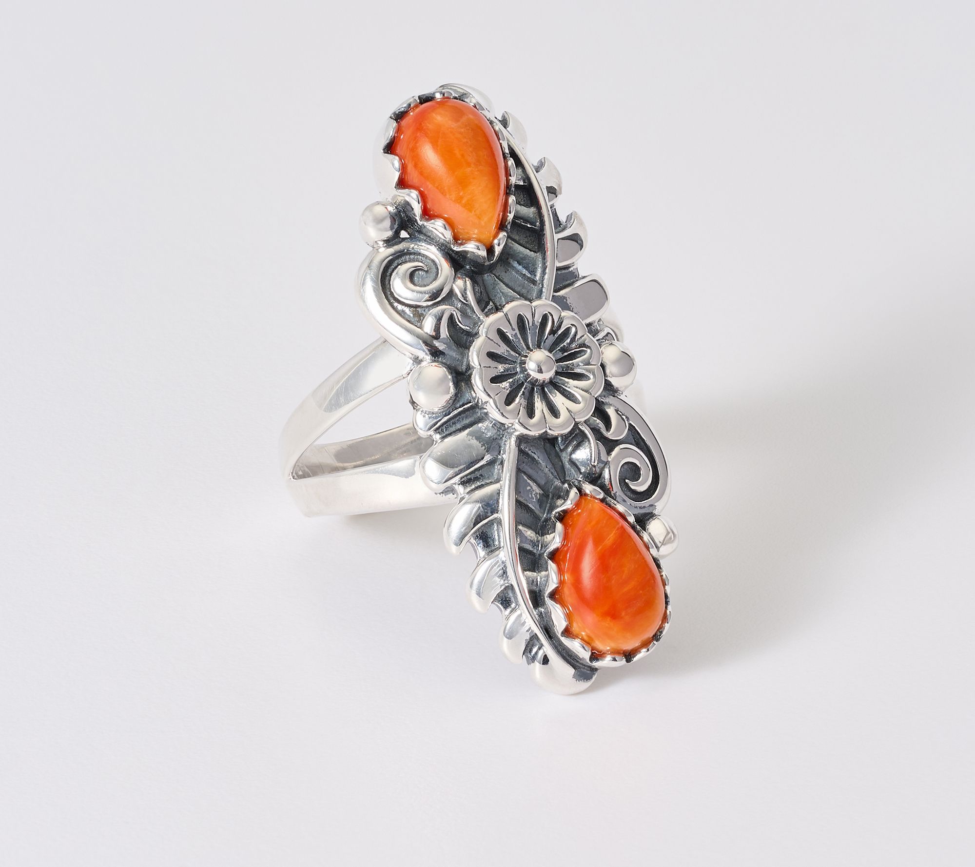 American West Sterling Silver Pear Gemstone & Leaf Ring