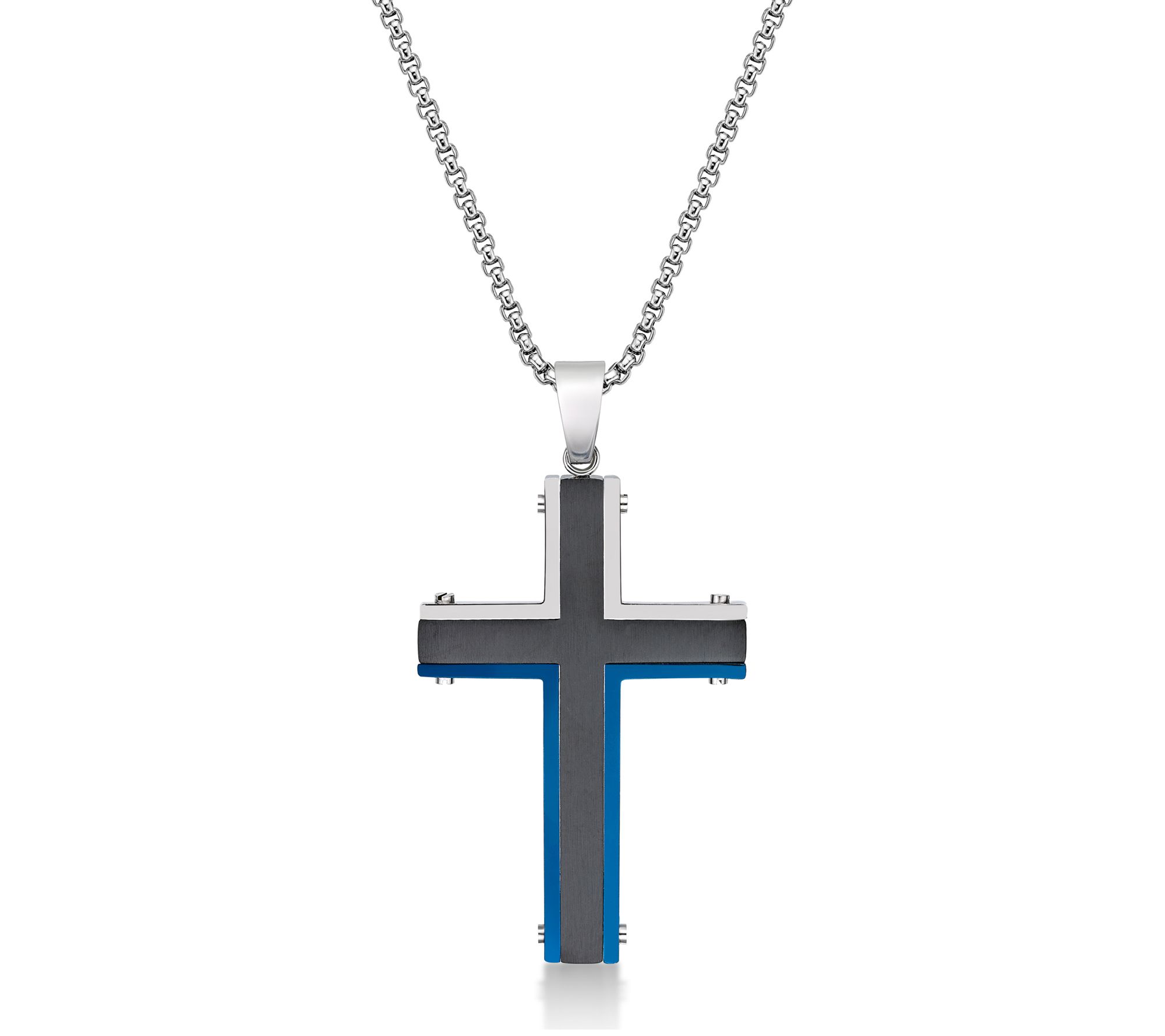 LYNX Men's Stainless Black & Blue IP Cross Pendant w/