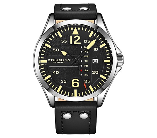 Stuhrling Men's Aviator Black Leather Watch