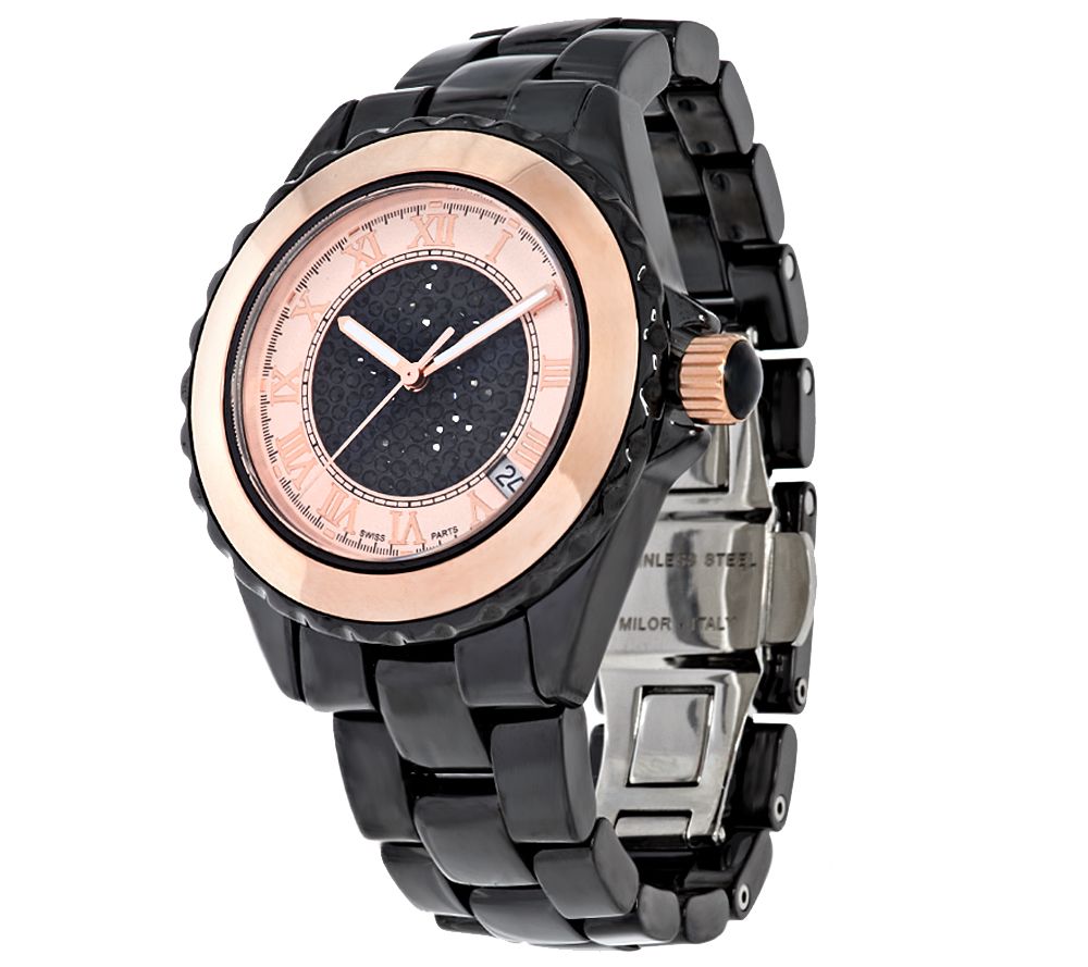 Vicence 14K Gold 1.00 cttw Black Spinel CeramicWatch