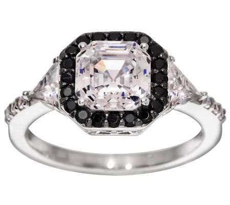 Diamonique Black & Clear Asscher Cut Ring, Platinum Clad - J276996