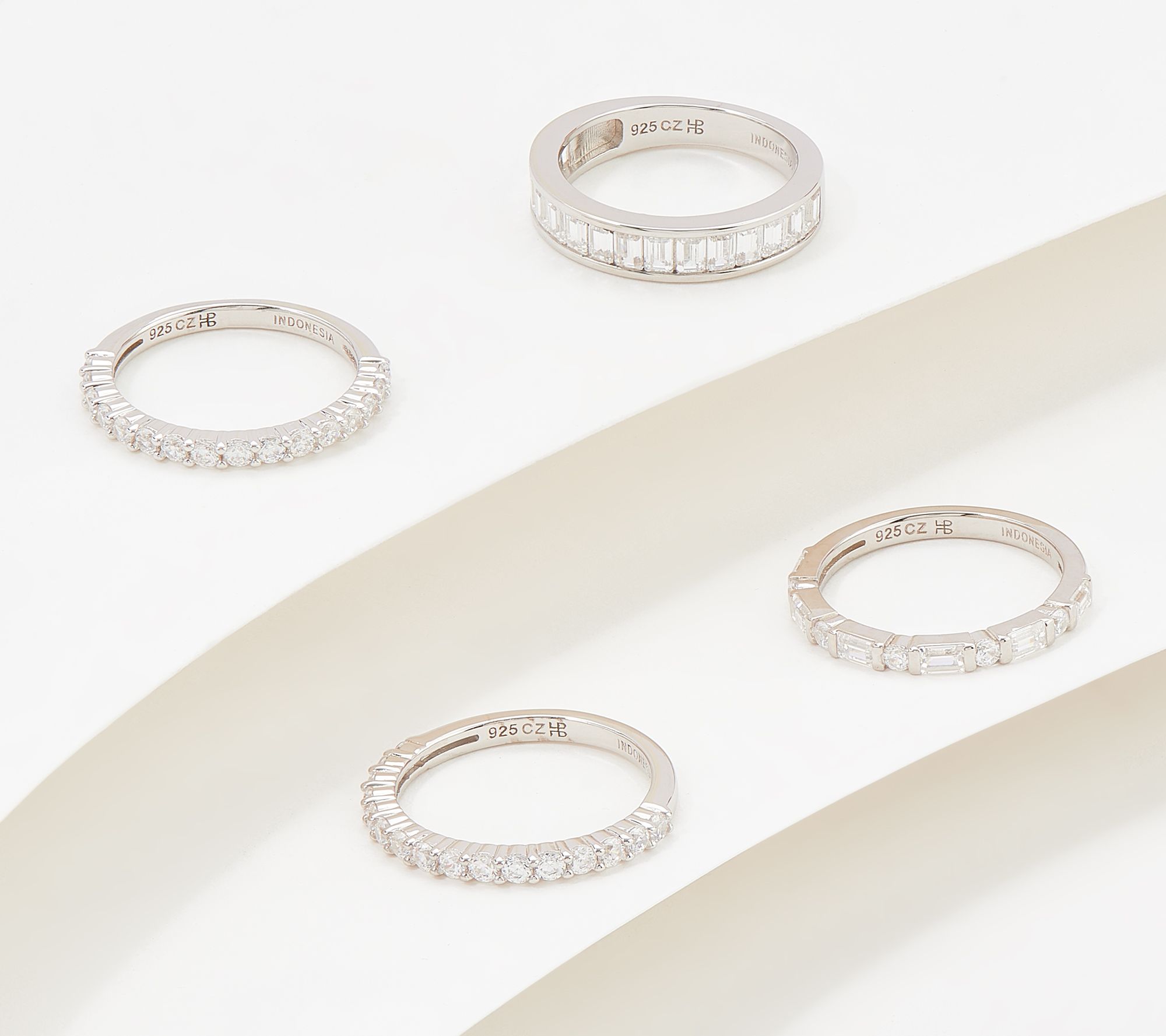 Diamonique Set of 4 Round & Emerald Cut Stack Rings Sterling Silver