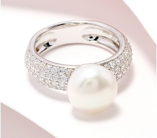 Honora x Diamonique Button Cultured Pearl Wide Pave Band Ring, SS