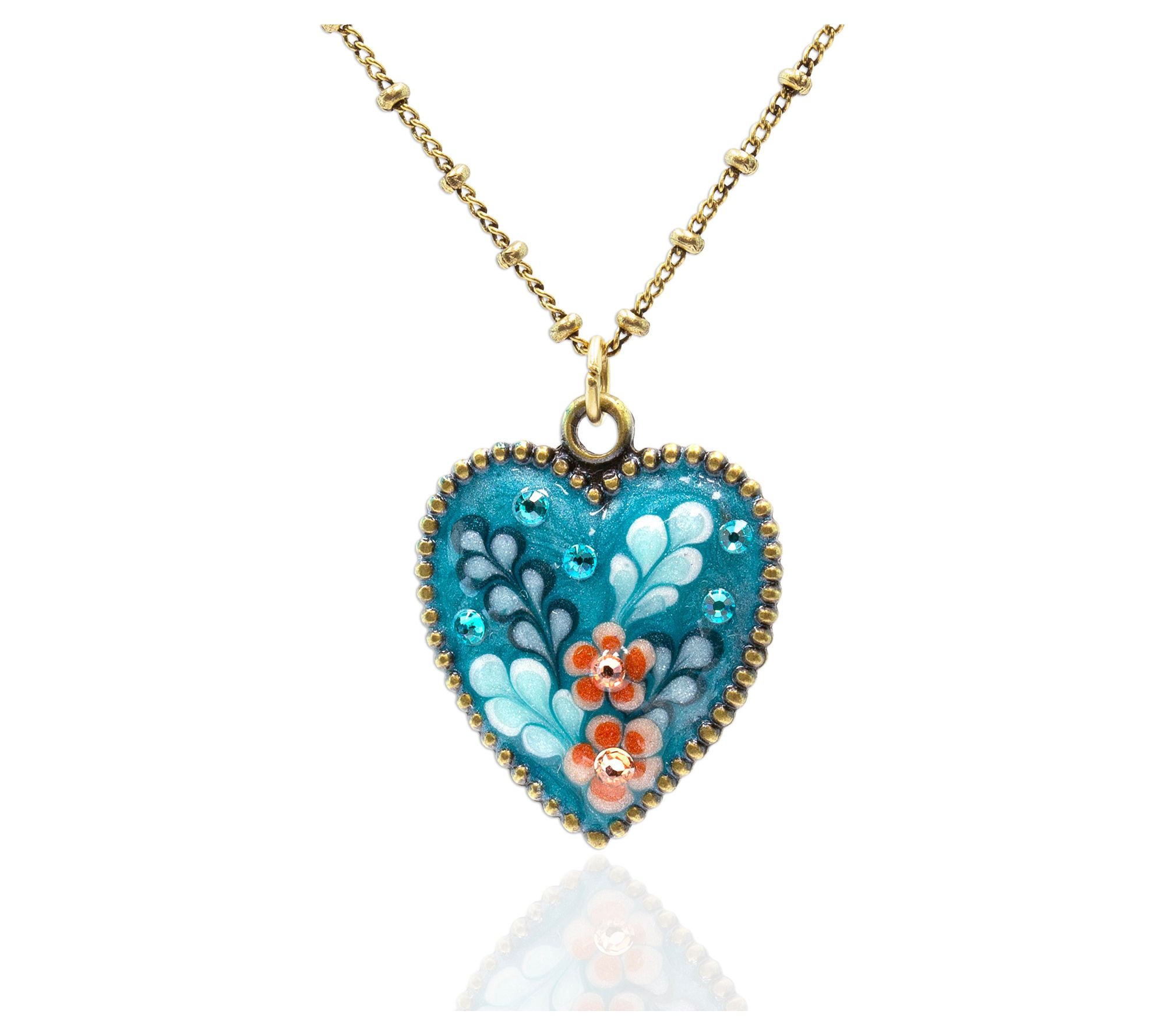 Anne Koplik Teal & Brown Crystal Floral Heart Pndant w/ Chain