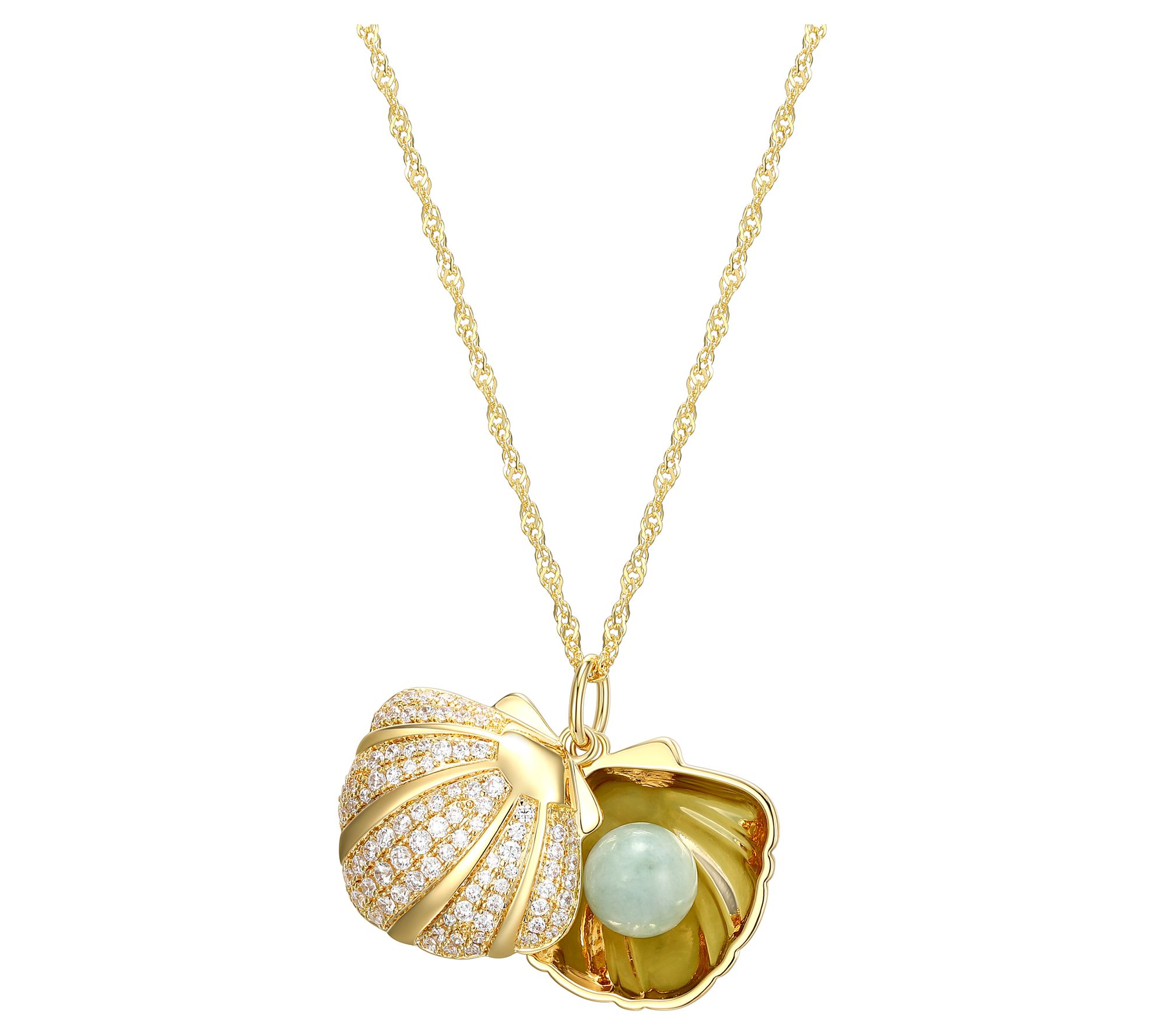 18K Gold Plated Jade & Pave Shell Pendant w/ Chain