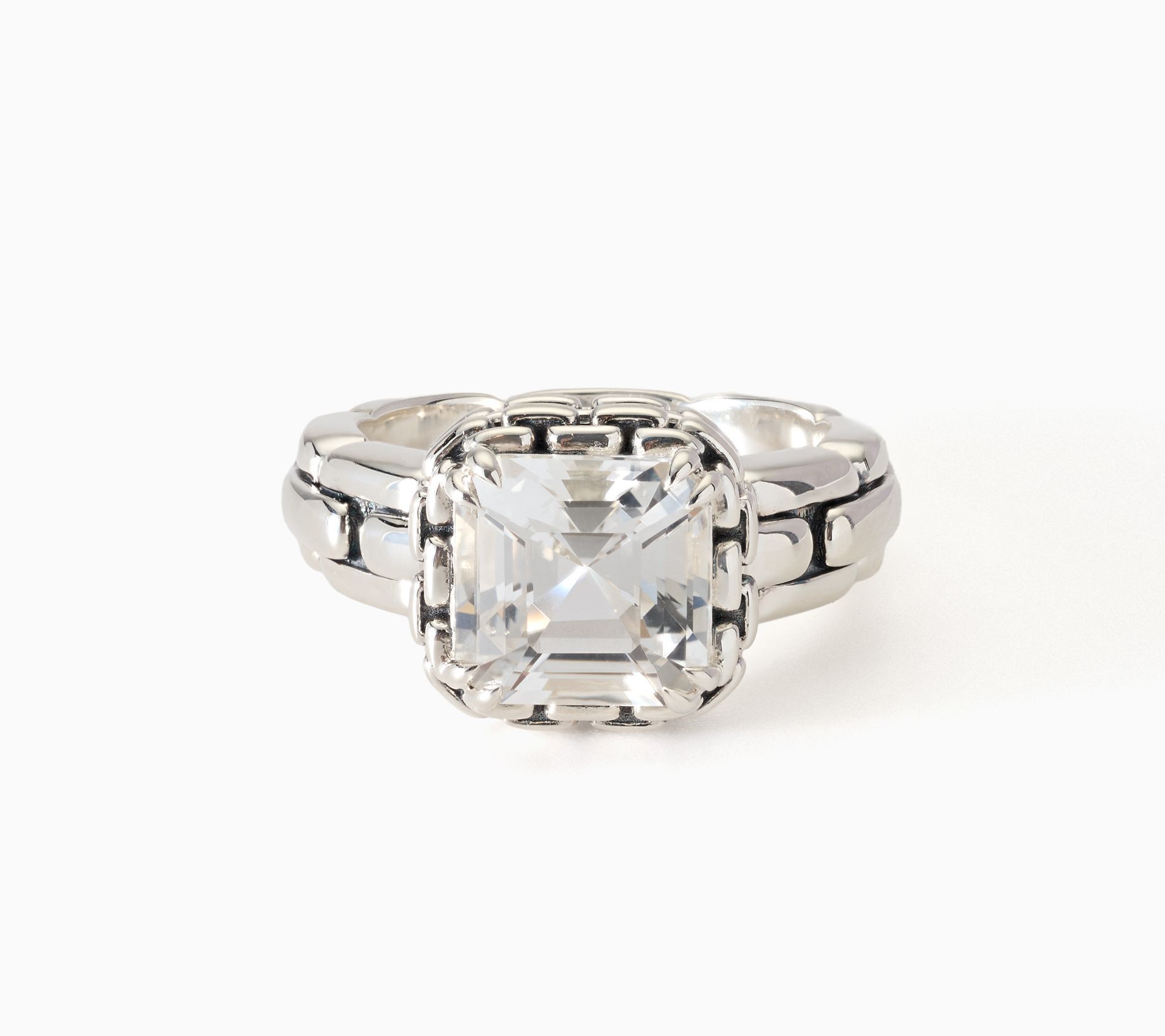 JAI Sterling Silver Asscher Cut Box Chain Texture Ring