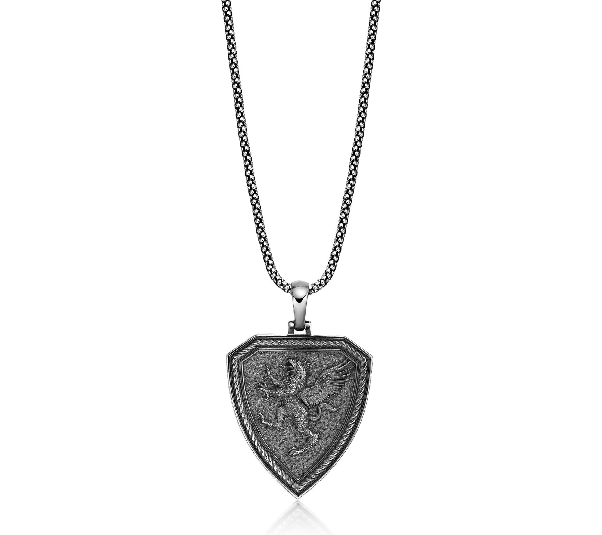 LYNX Men's Dragon Shield Pendant w/ Round Box Chain, Sterling