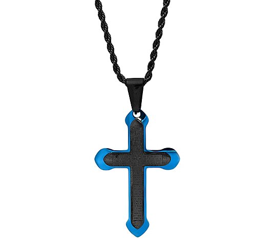 Steel by Design Men's Black & Blue IP Cross Pendant w/ Chain
