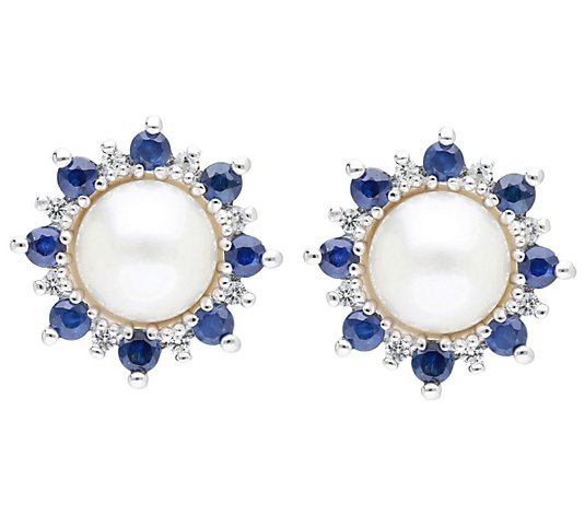 Ariva Sterling Silver Cultured Pearl & Sapphire Halo Earrings