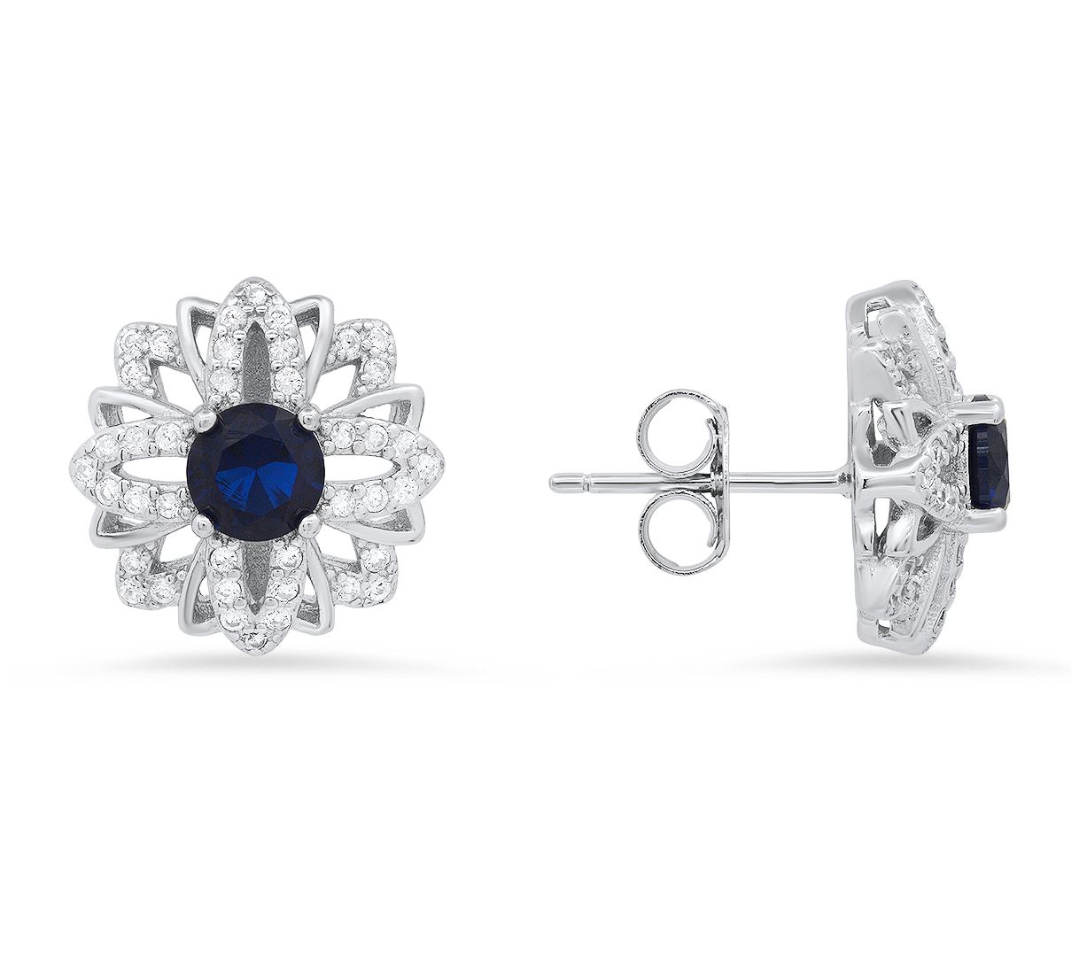 Sterling Silver Simulated Sapphire Floral StudEarrings