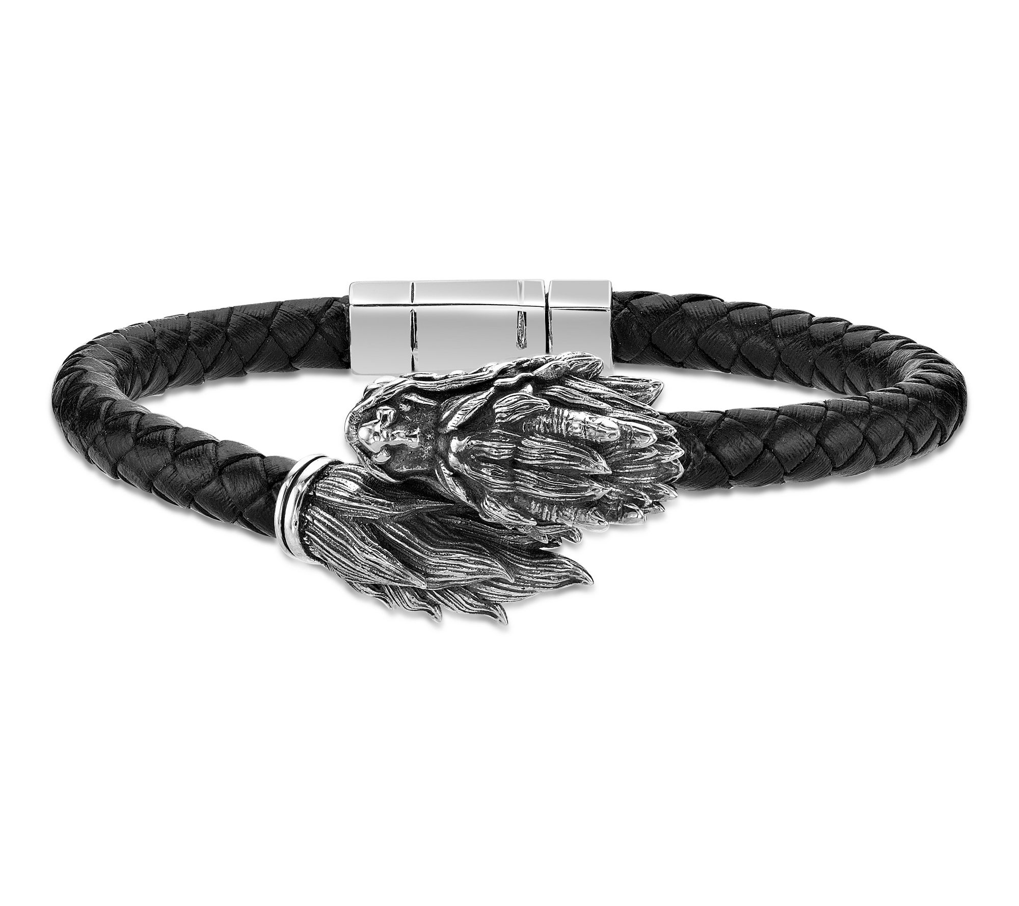 LYNX Sterling Silver and Black Leather Dragon Bracelet