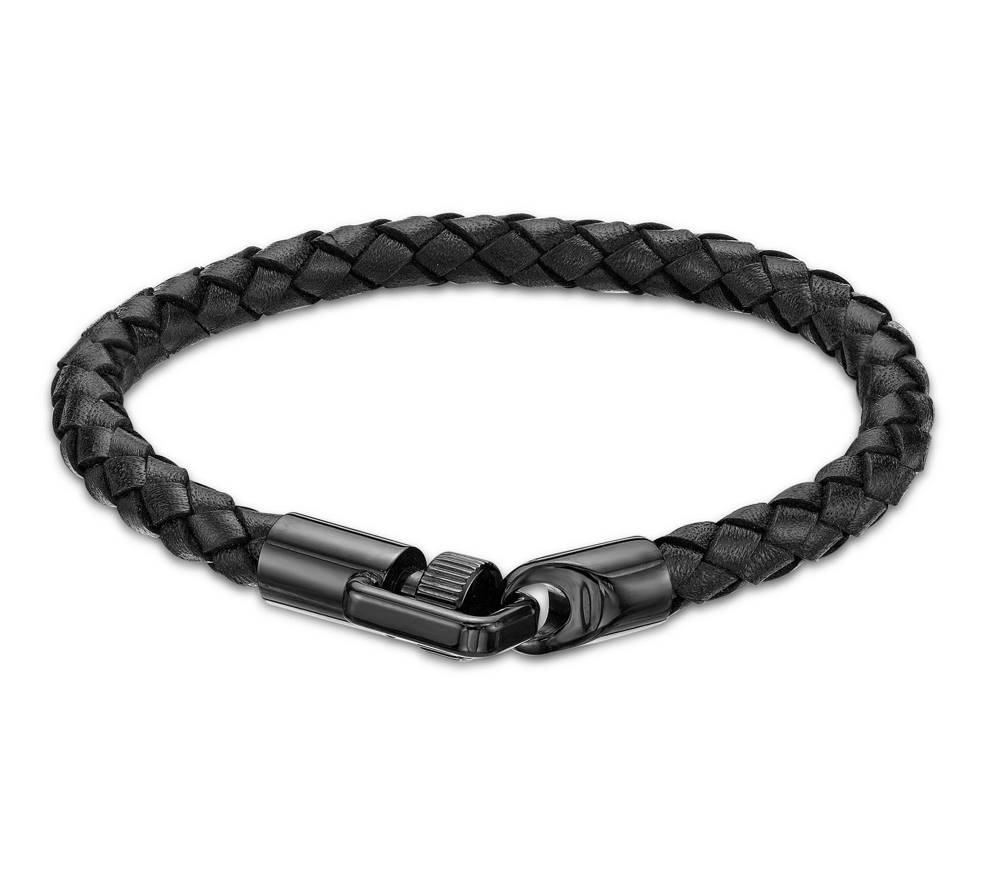 LYNX Men's Stainless Steel Black Leather Braided Bracelet