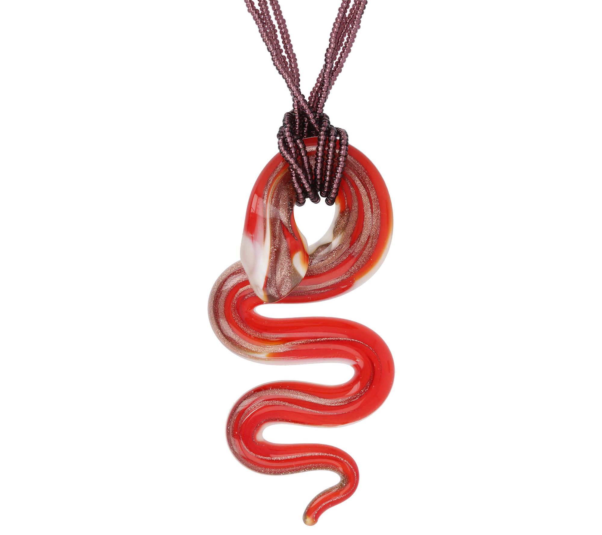 Italian Gold Murano Glass Snake Pendant w/ B ead Chain, 14K