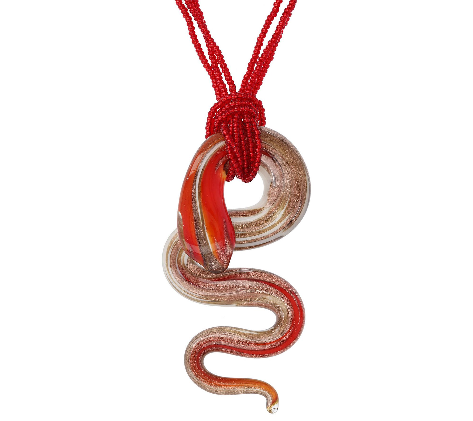 Italian Gold Murano Glass Snake Pendant w/ B ead Chain, 14K