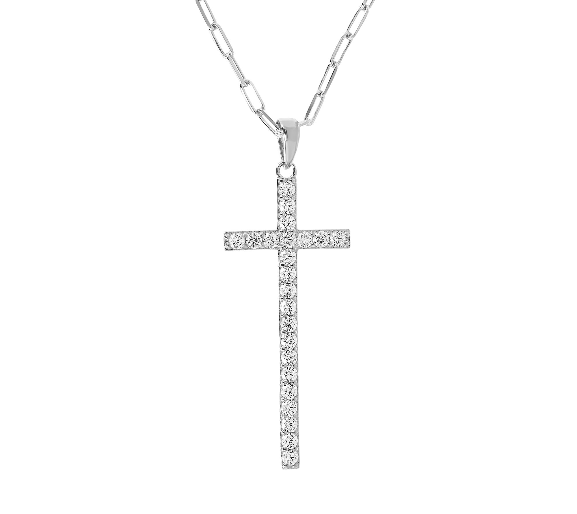 Diamonique Cross Pendant w/ Paperclip Link Chain, Sterling