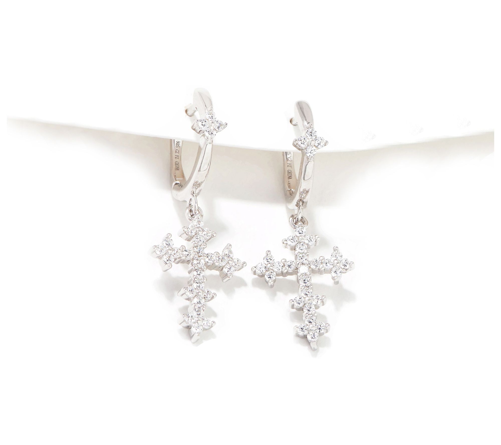 Diamonique Art Deco Cross Drop Hoop Earrings, Sterling Silver