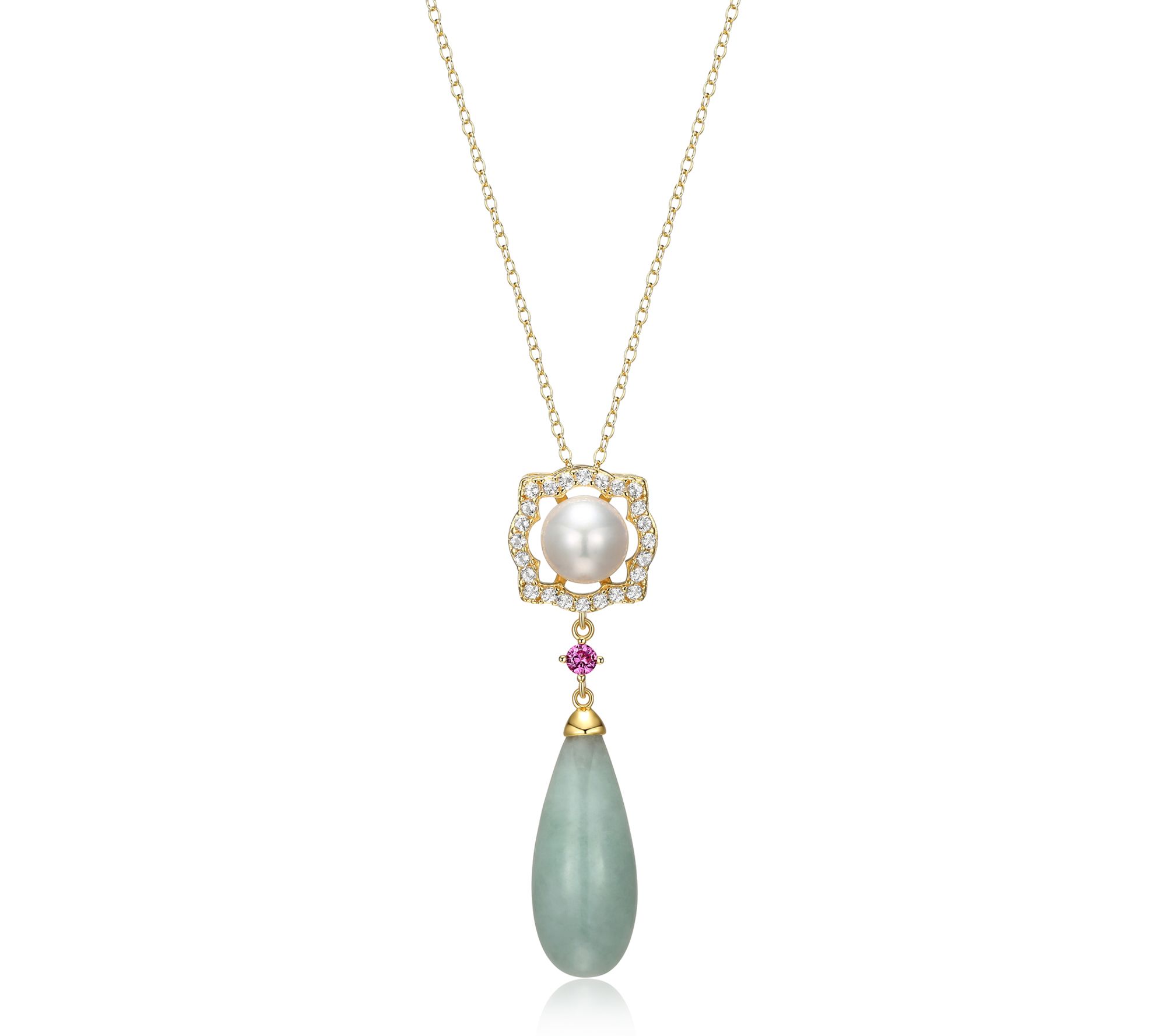 Dynasty Jade & Cultured Pearl Pendant w/Chain,18K Gold Plated