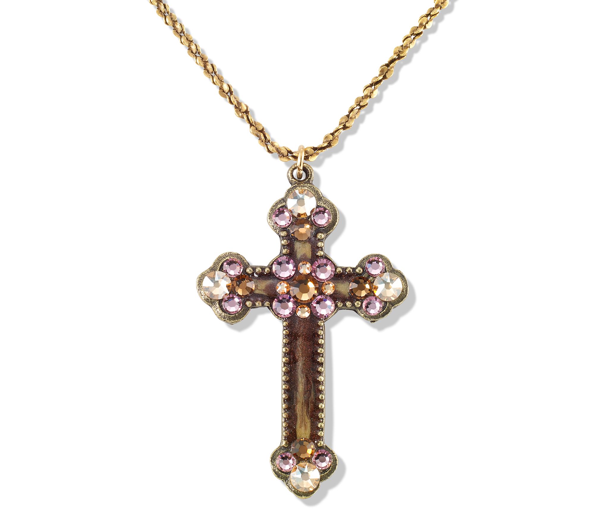 Anne Koplik Brown & Lavender Crystal Cross Pendant w/ Chain