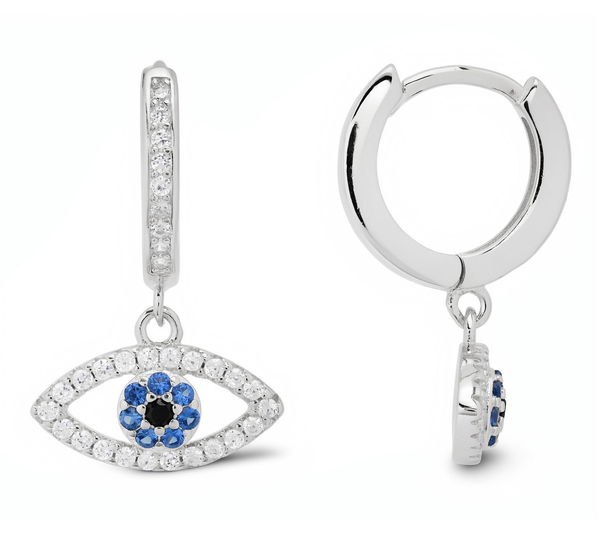 Diamonique Dangling Evil Eye Hoop Earrings, Sterling Silver