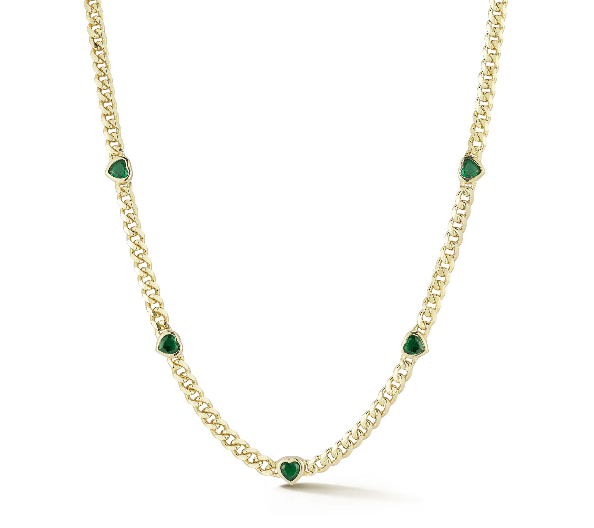 Sterlina Silver Green Heart Station Curb Necklace, Sterling