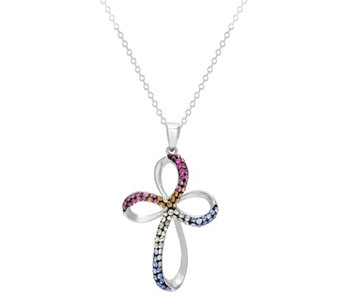 Sterling Silver Rainbow Crystal Cross Pendant w/ Chain - J484398