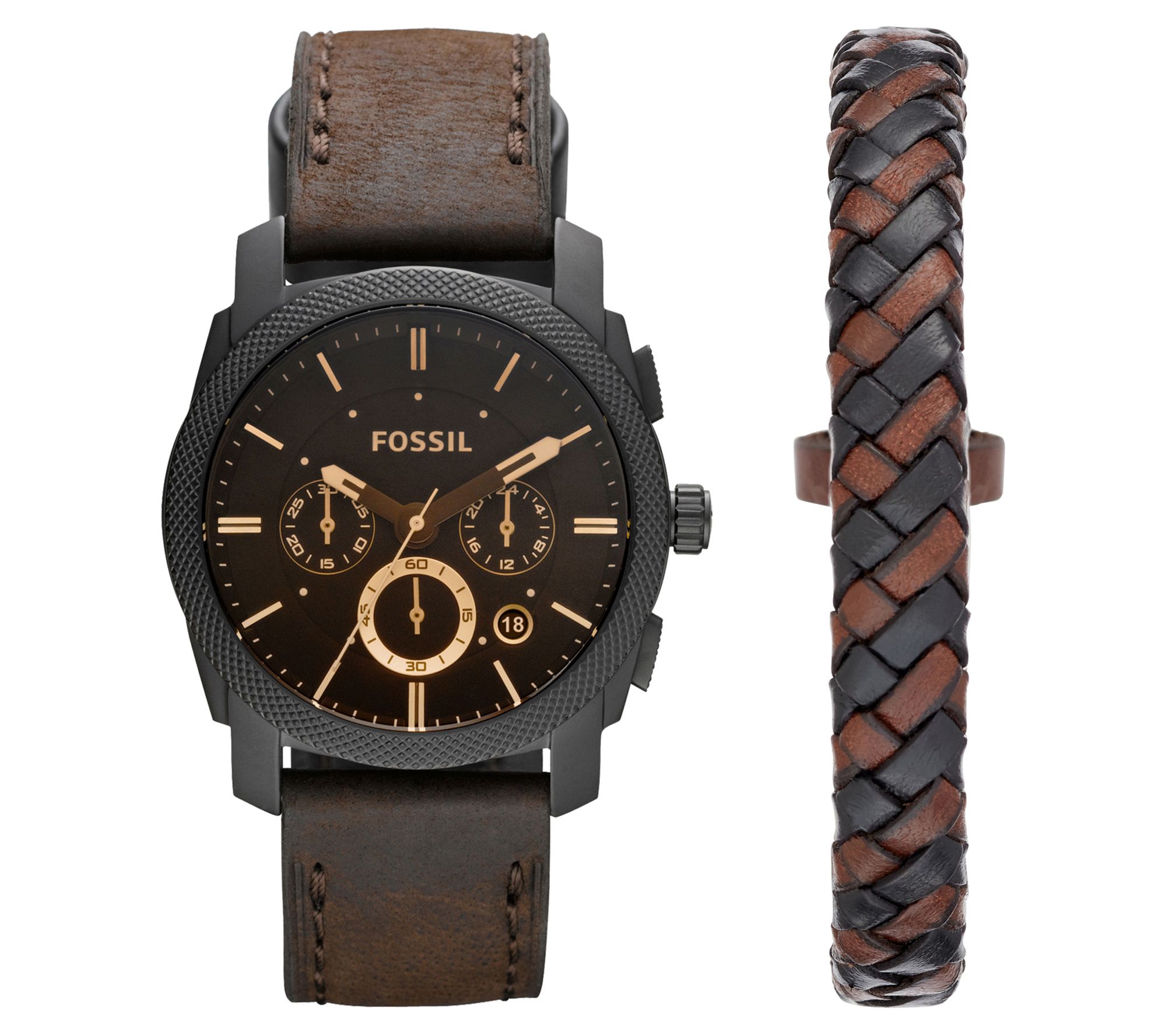 Fossil Men's Machine Brown Leather Bracelet & W atch Gift Set