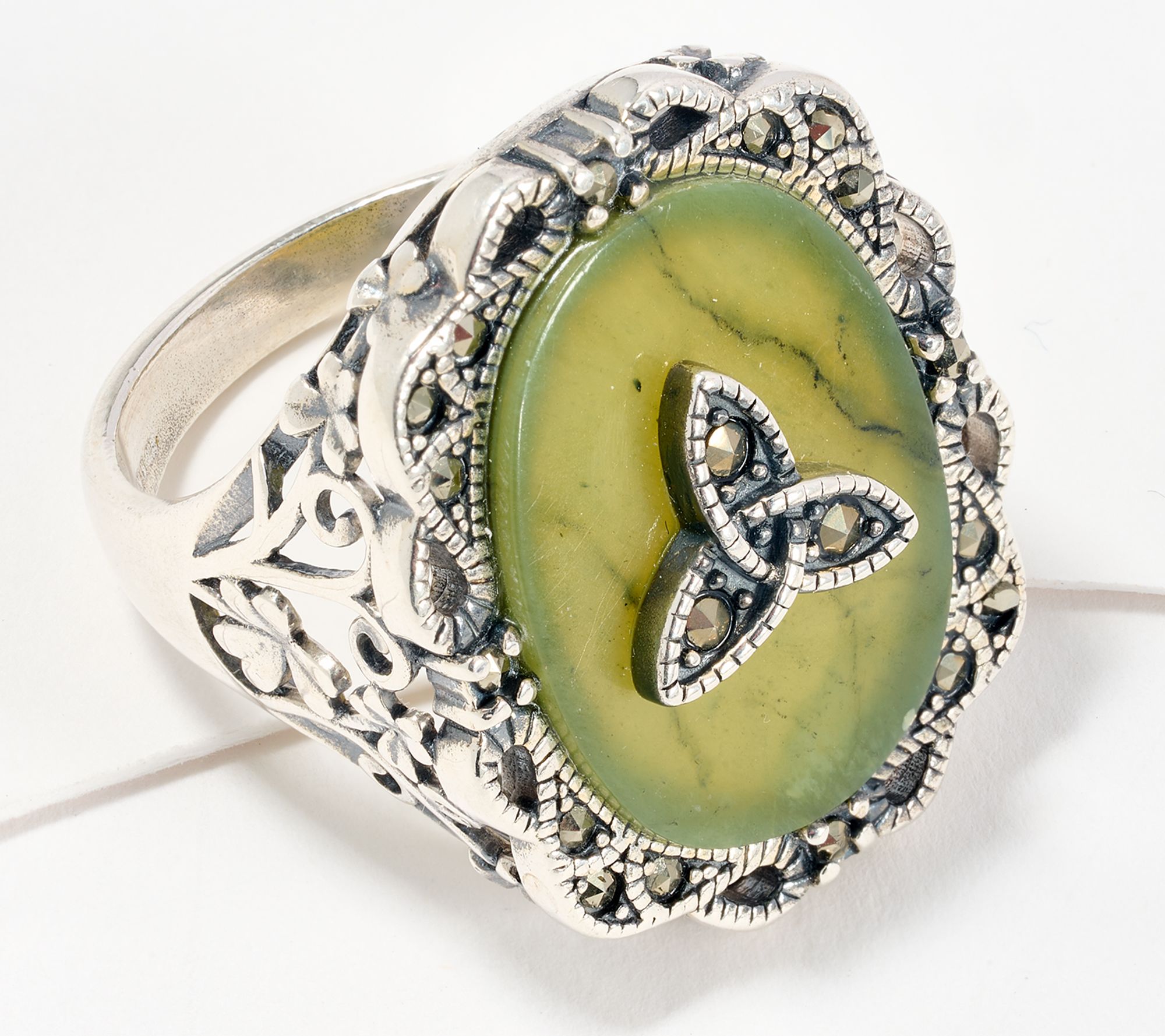 As Is Connemara Marble Sterling Silver Ring w/Marcasite