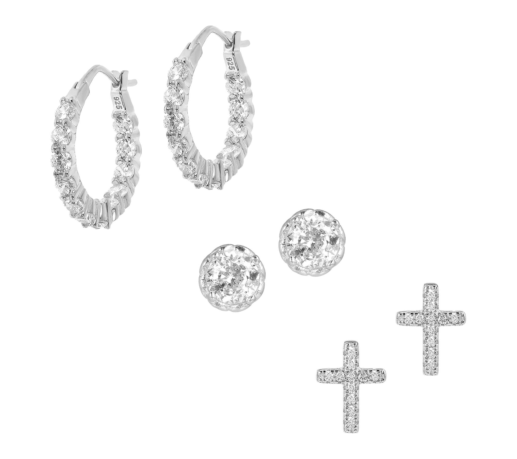 Diamonique Hoop, Stud & Cross Earrings Boxed Set, Sterling