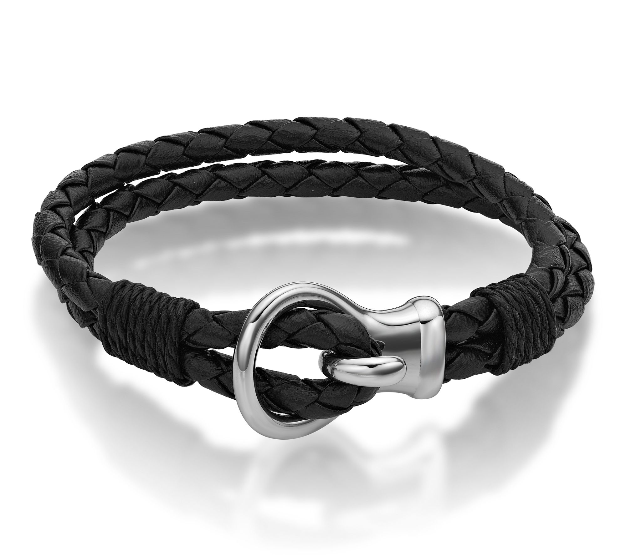 LYNX Men's Stainless Steel & Black Leather Braided Bracelet
