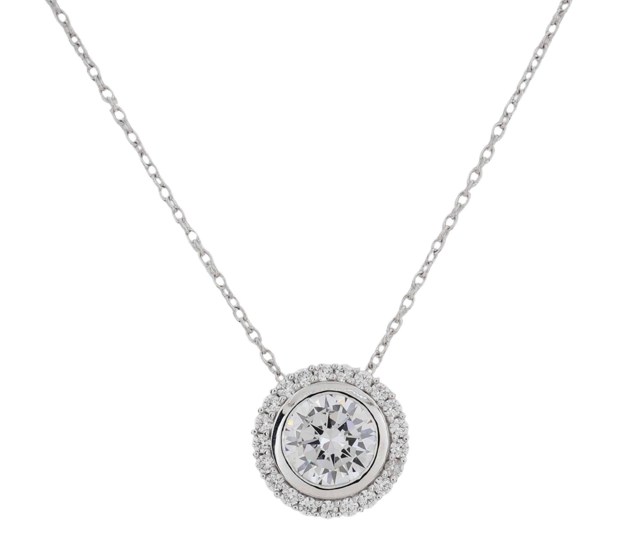 Diamonique Roun d Halo Pendant w/ Chain, Sterl ing Silver