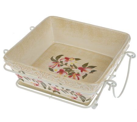 Temptations Old World Holiday 2.5 QT COVERED CASSEROLE BAKING DISH & Wire  Holder