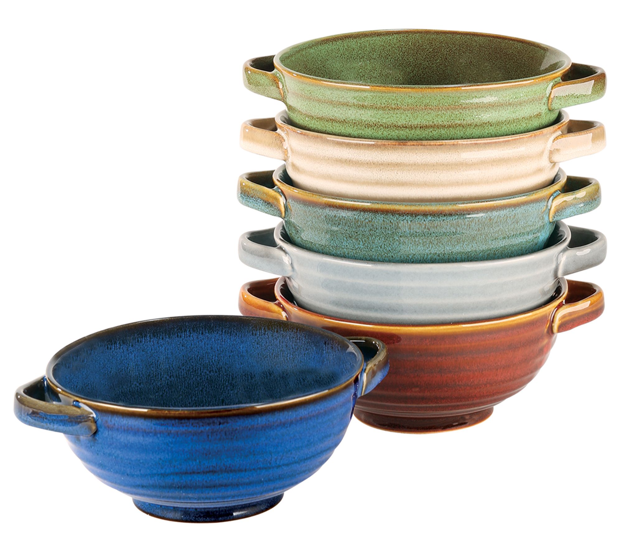 Baking Serving Ceramic Blue Soup Bowls Crocks with Handles - 16 Ounce - Set of 2