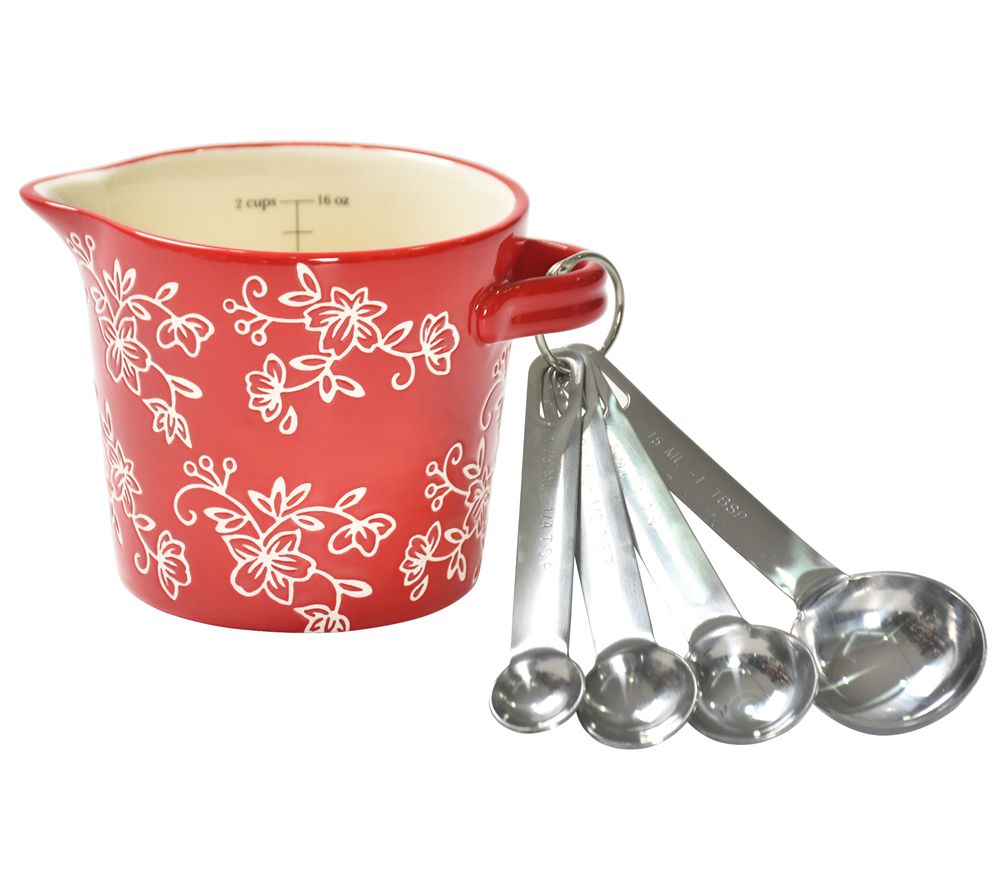 Temp-tations Floral Lace Ceramic Measuring Cup w/ Metal Spoons 