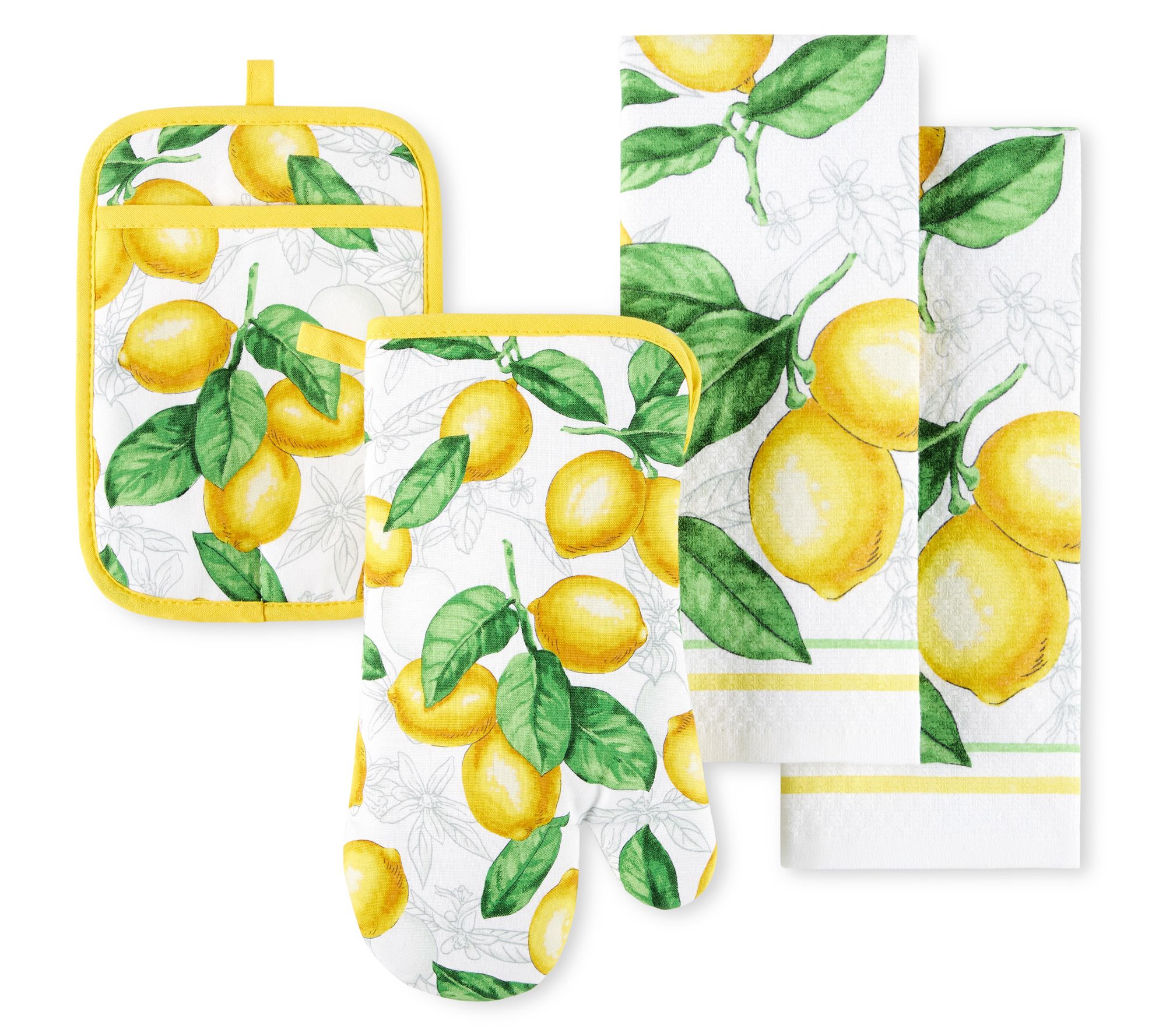 MARTHA STEWART Lemons Towel, Oven Mitt & Pot Holder 4-Pack Set