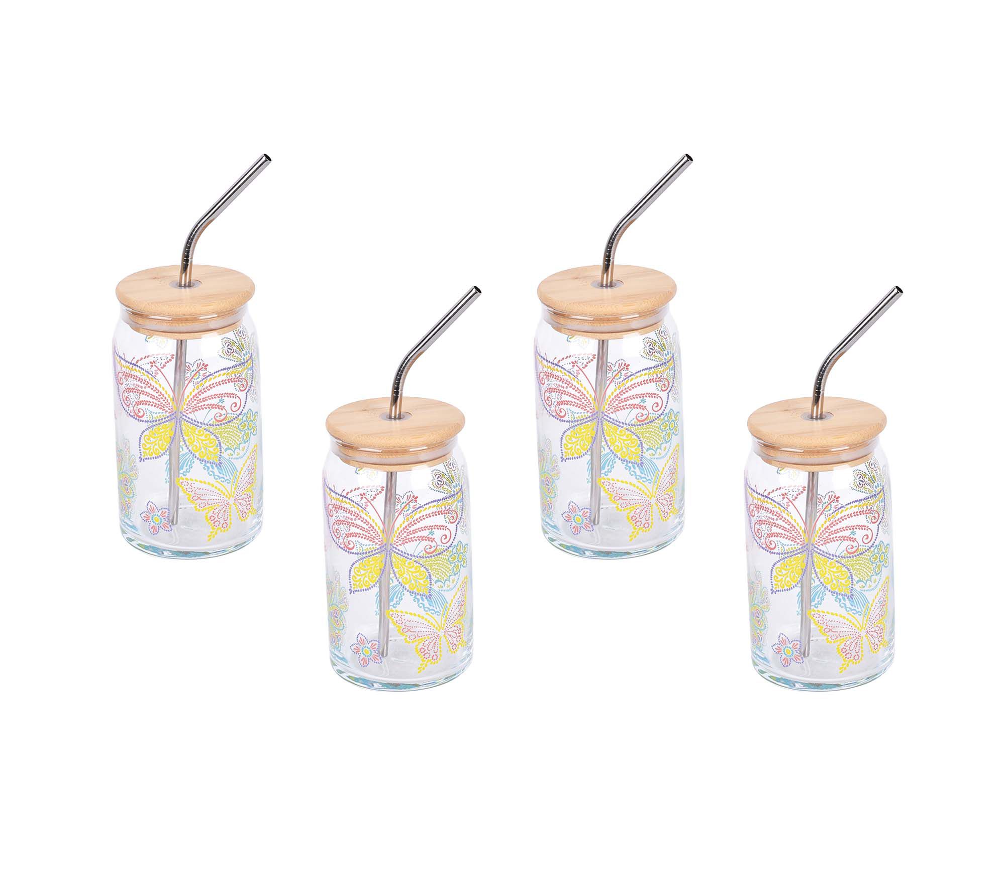 Temp-tations Set of 4 Glass Tumblers with Wood Lids and Straws