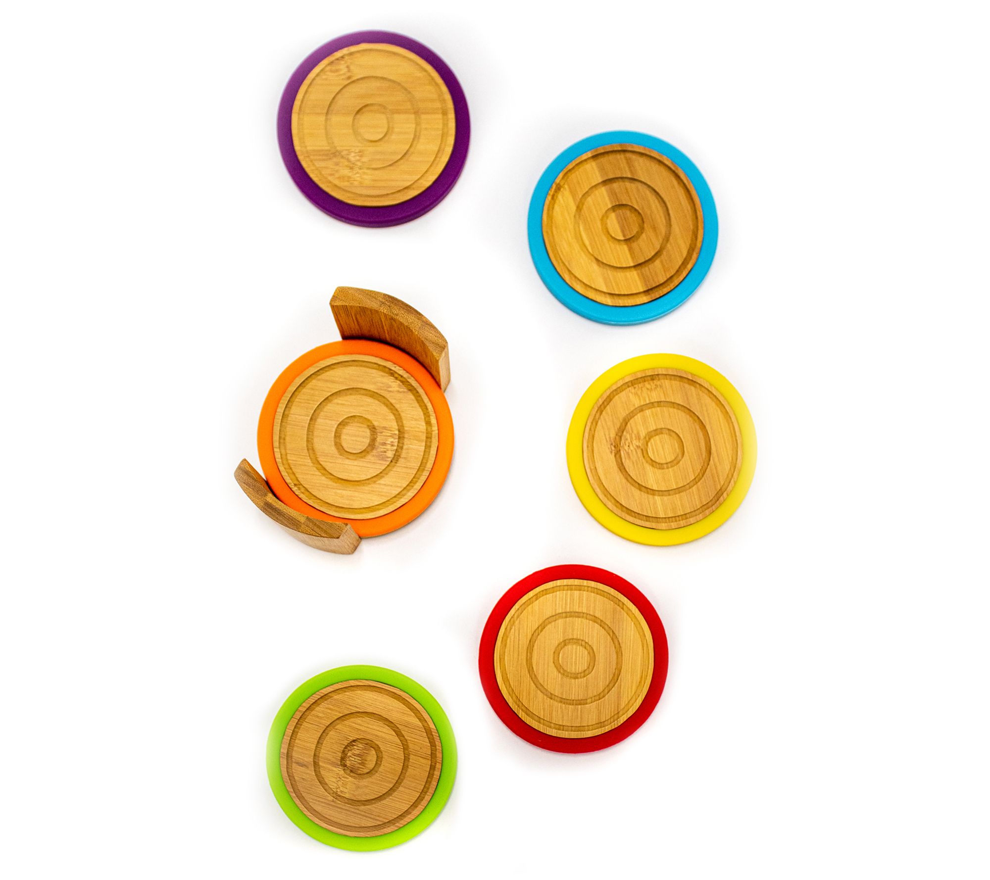 BergHOFF Bamboo 6-Pc Multi-Color Coaster Set w/Silicone Rims