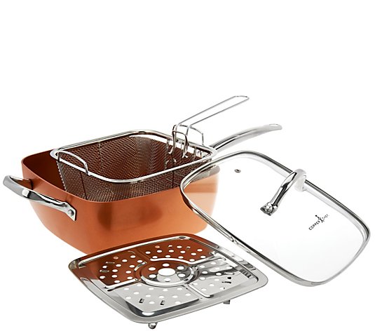Copper Chef 9.5" Square Pan with Lid,Fry Basket, Steam Rack & Recipes
