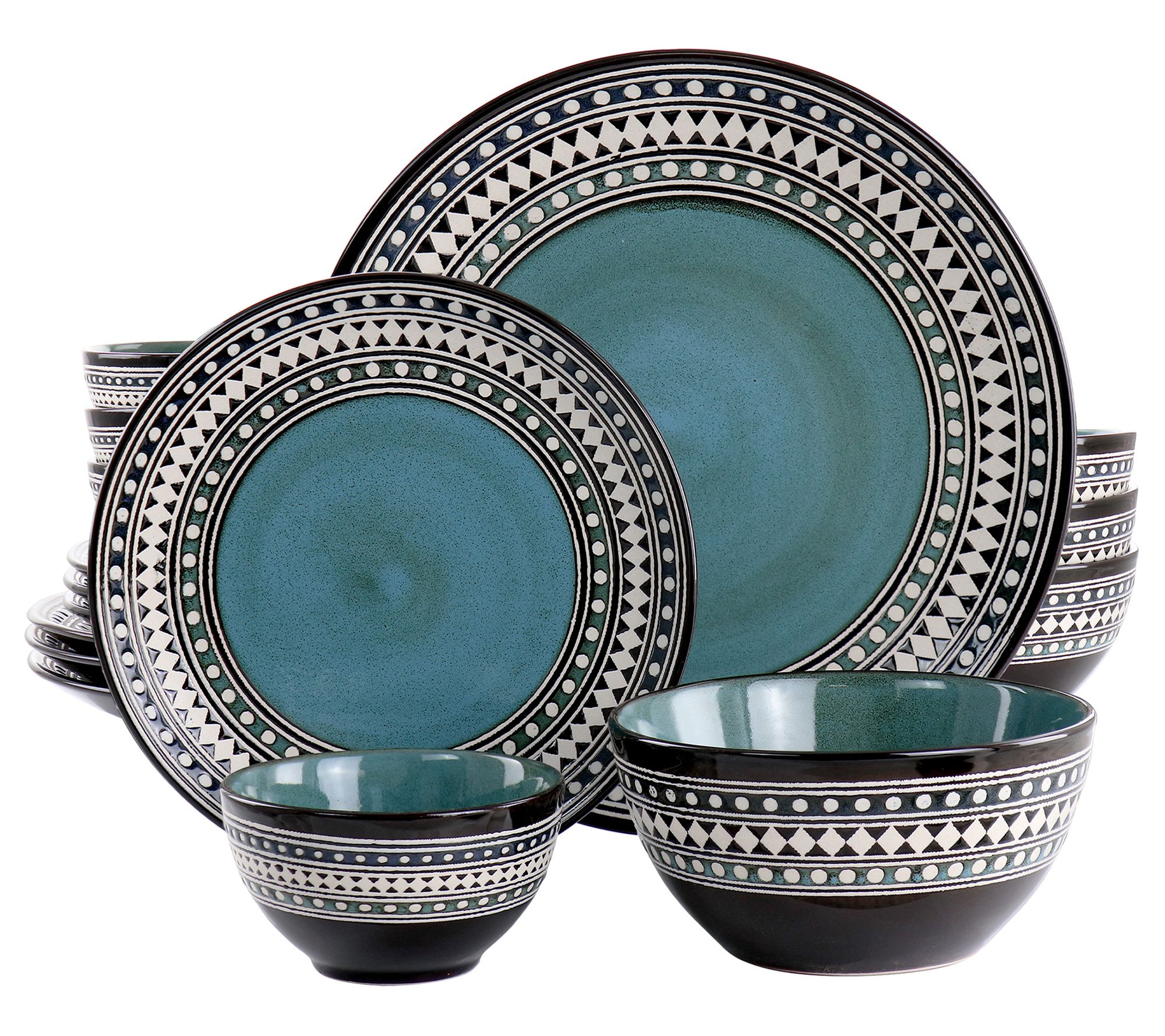 Elama Blue Sage 16-Piece Double Bowl Stoneware Dinnerware Set