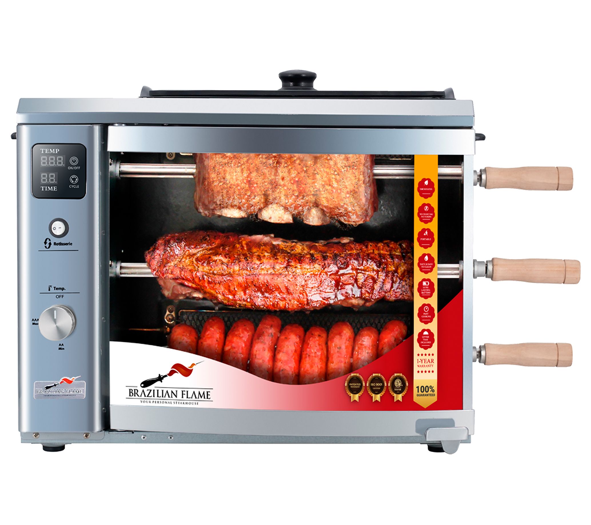 Brazilian Flame 3-Skewer Gas Rotisserie Grill w / Upper Tray