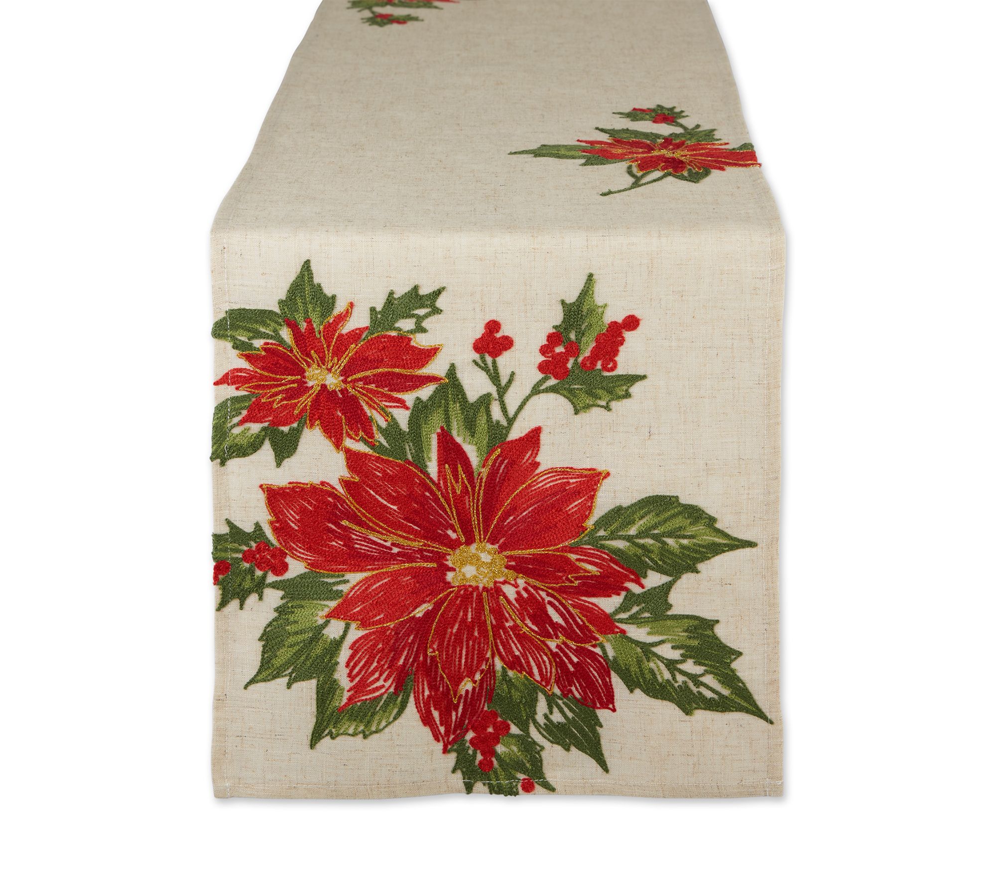 Design Imports Embroidered Poinsettia Holly Table Runner 14x70