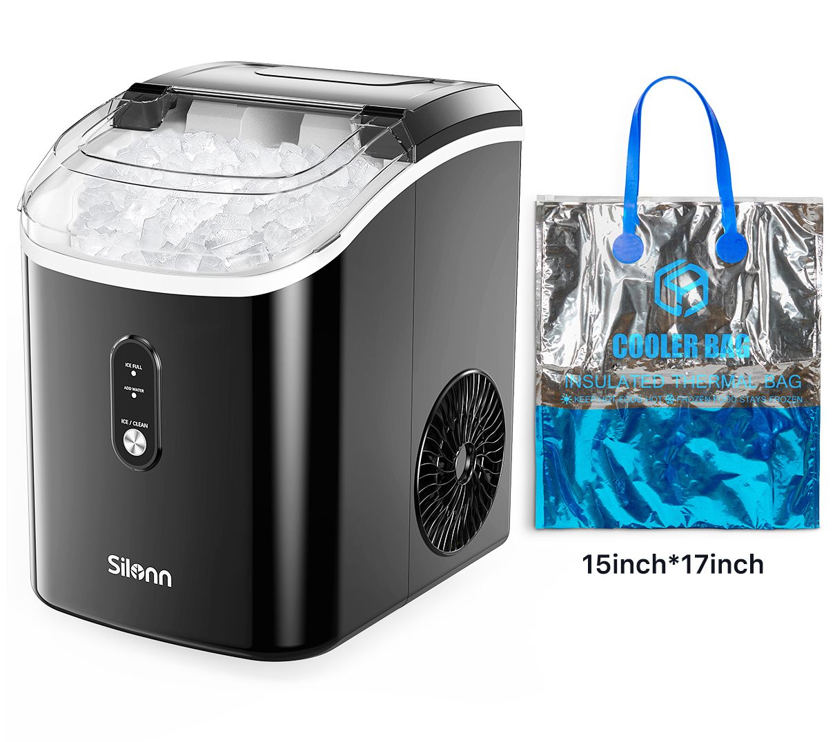 Silonn 33-lb Nugget Ice Maker Self-Cleaning w/Cooler Bag