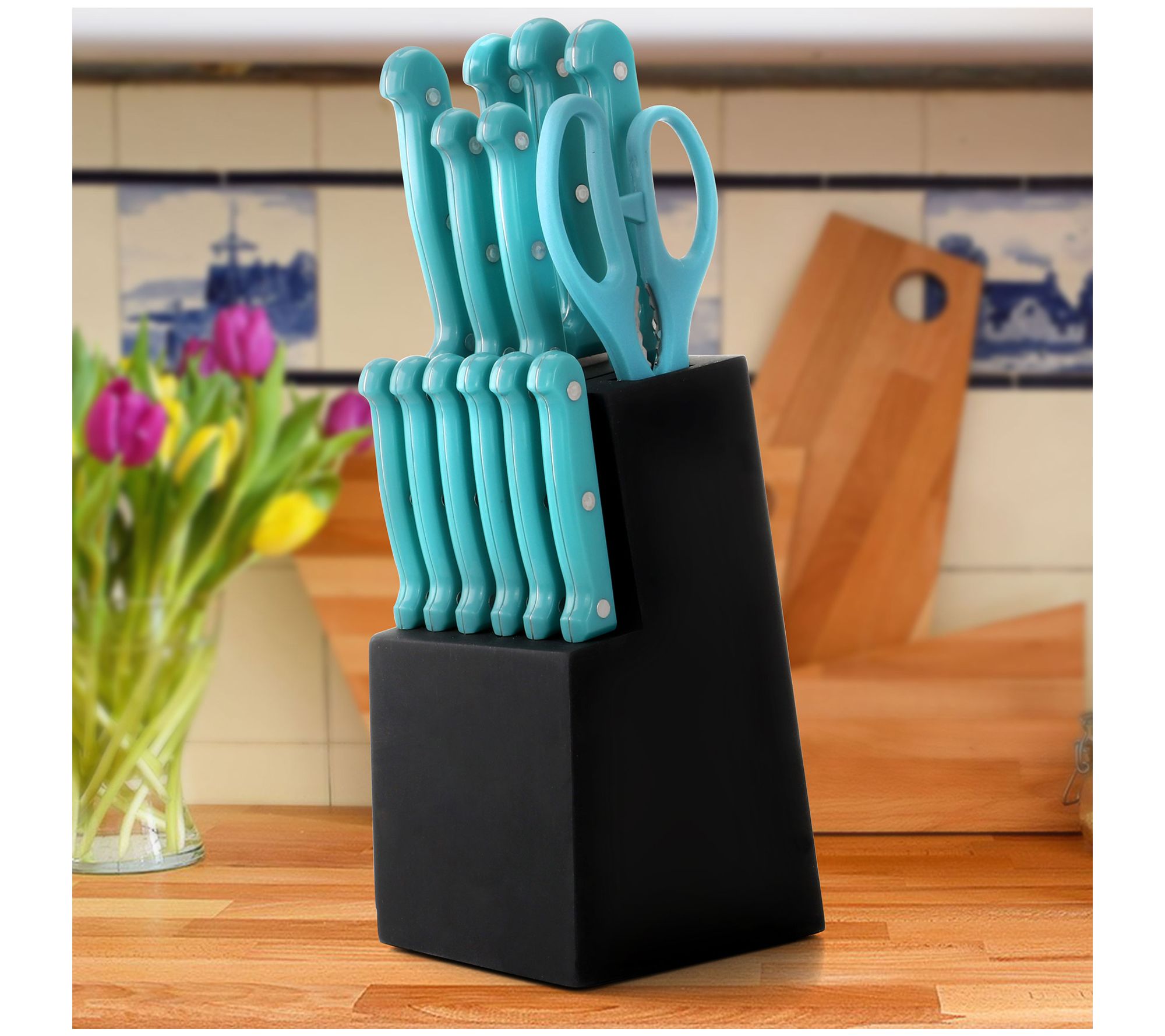 Oster Evansville 14 Piece Cutlery Set Stainless Steel with Turquoise