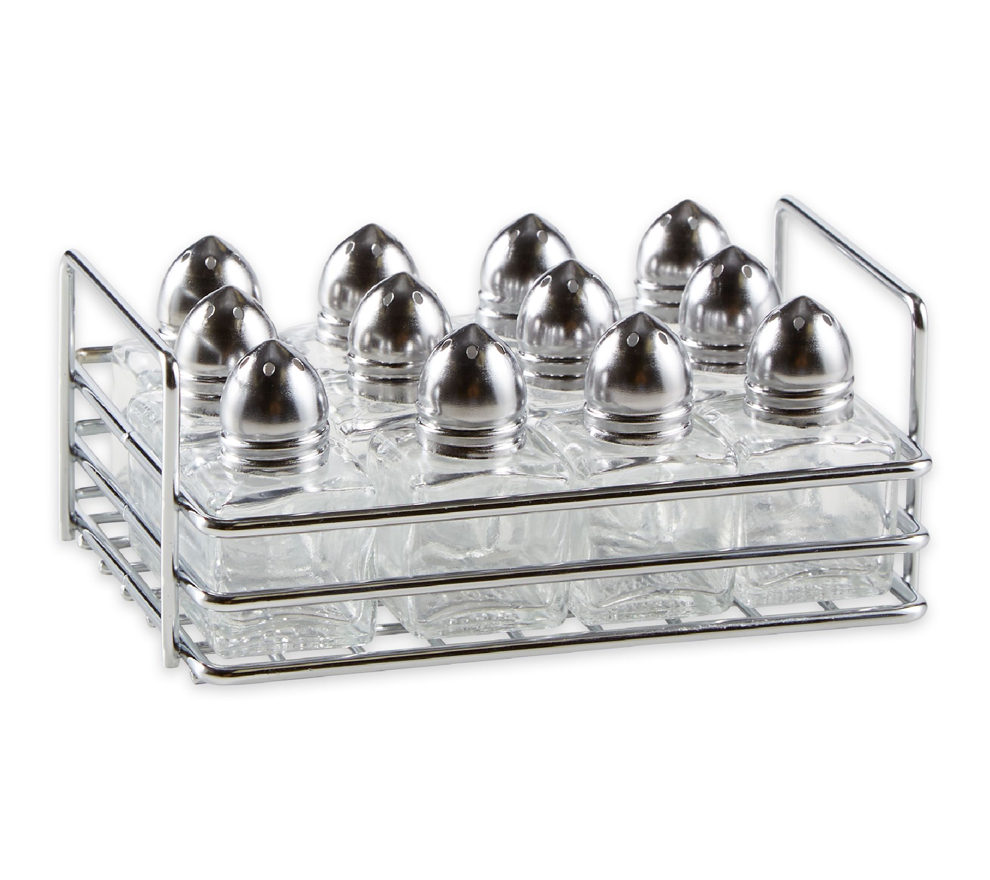 RSVP Set of 12 Mini Glass Salt & Pepper Shakerswith Rack