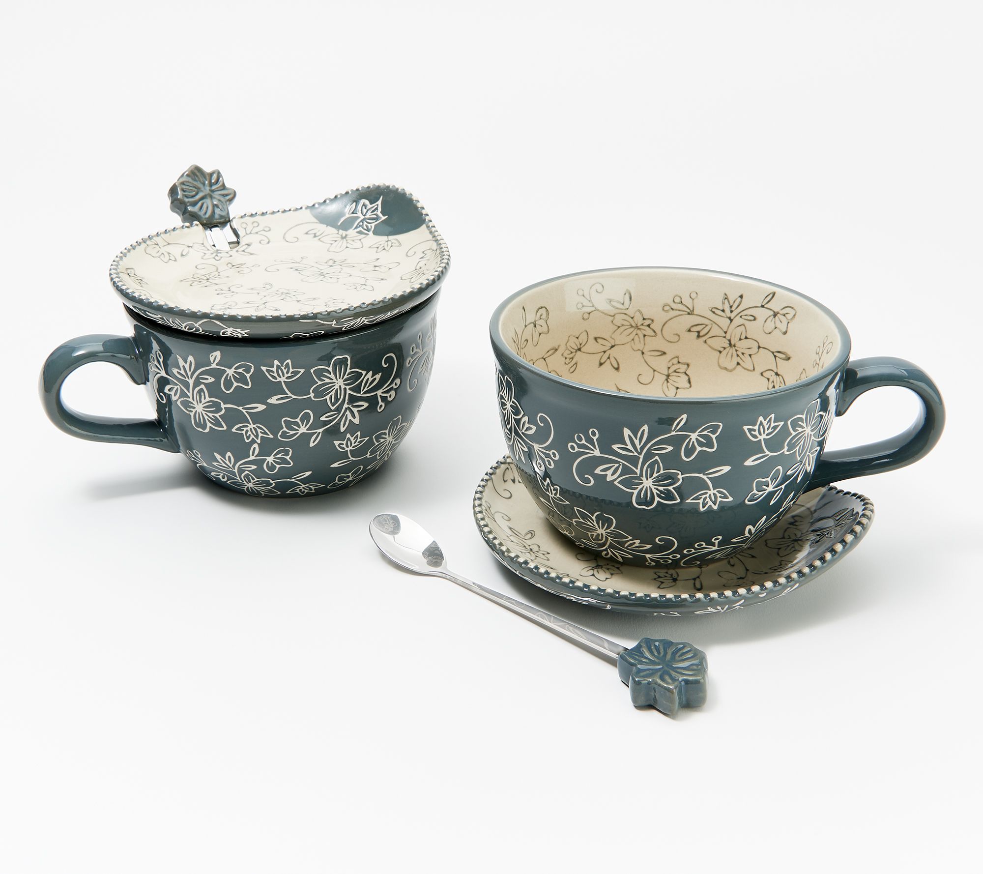 Details about   Set Of 2 Temp-tations Footed 14oz Coffee or Cocoa Mugs red  Floral Lace