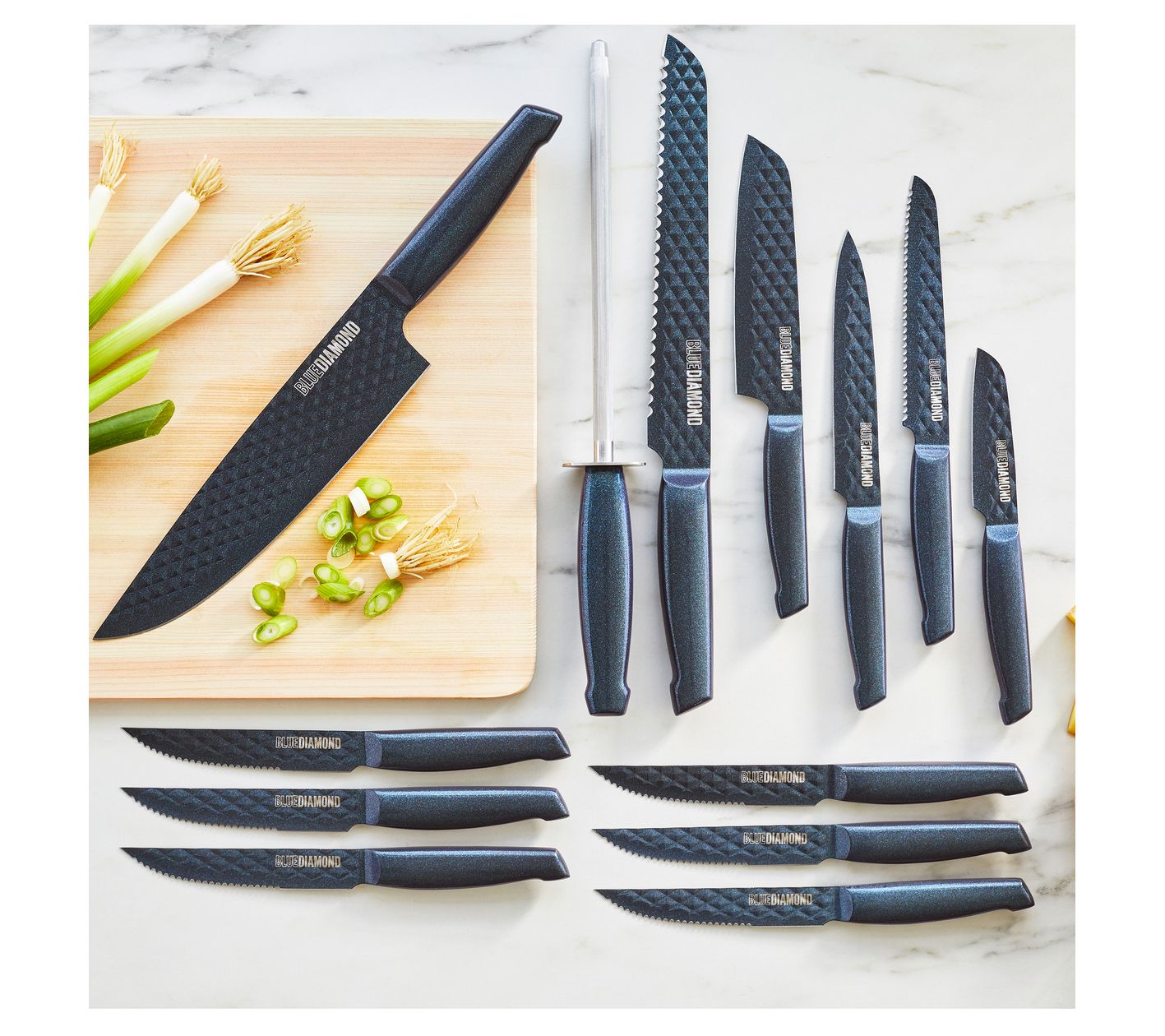 Blue Diamond Sharp Stone Nonstick Stainless Steel Cutlery, 3 Piece Set  including Chef Serrated and Pairing Knives with Covers, Diamond Texture  Blade