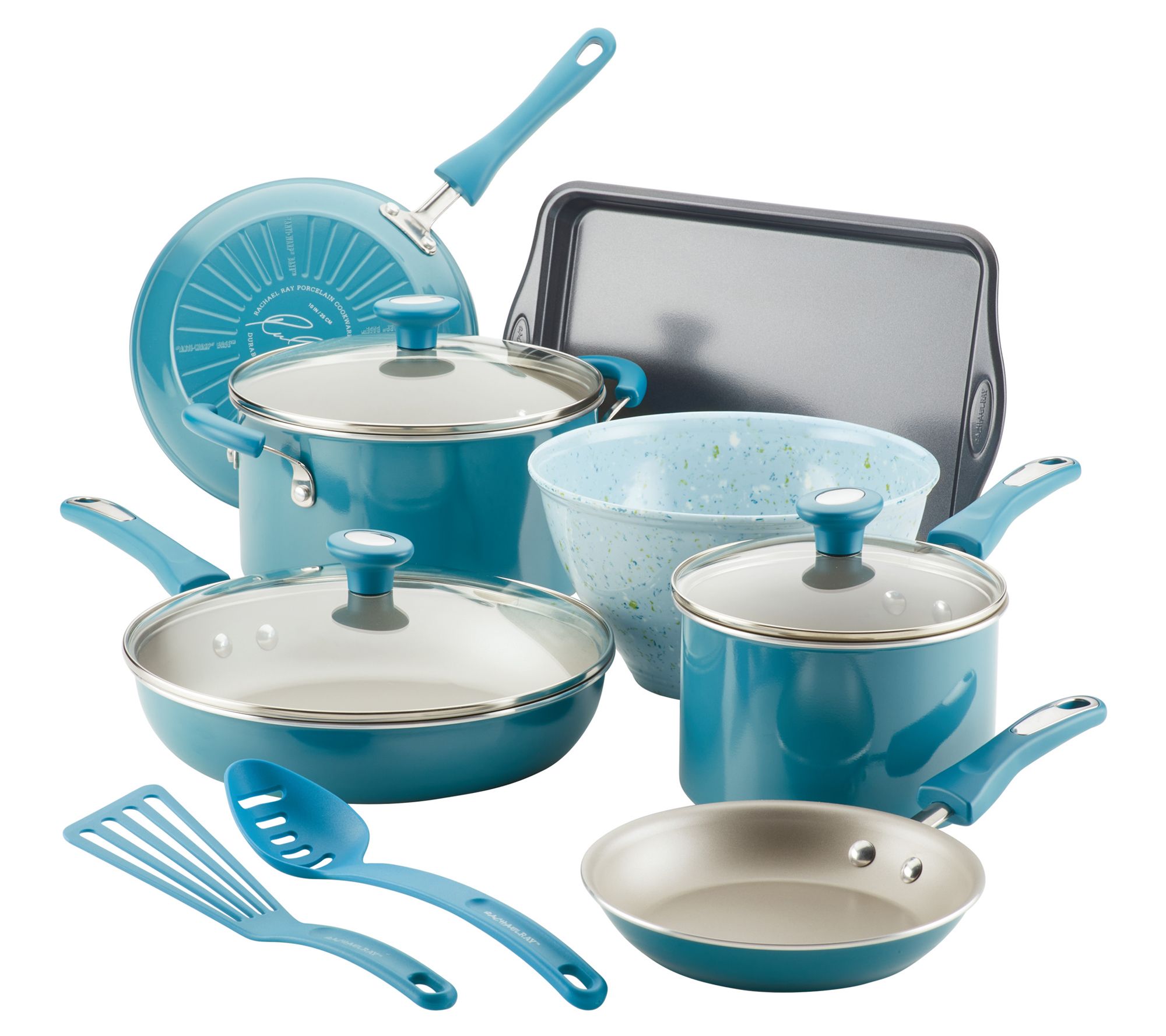 Rachael Ray Cucina Hard Anodized Nonstick Cookware Pots and Pans Set, 12  Piece, Gray with Blue Handles