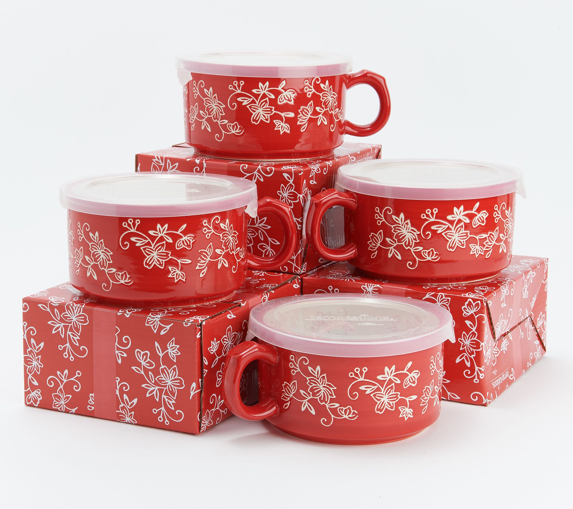 Temp-tations Floral Lace Set of (4) 14-oz Stackable Mugs with Rack