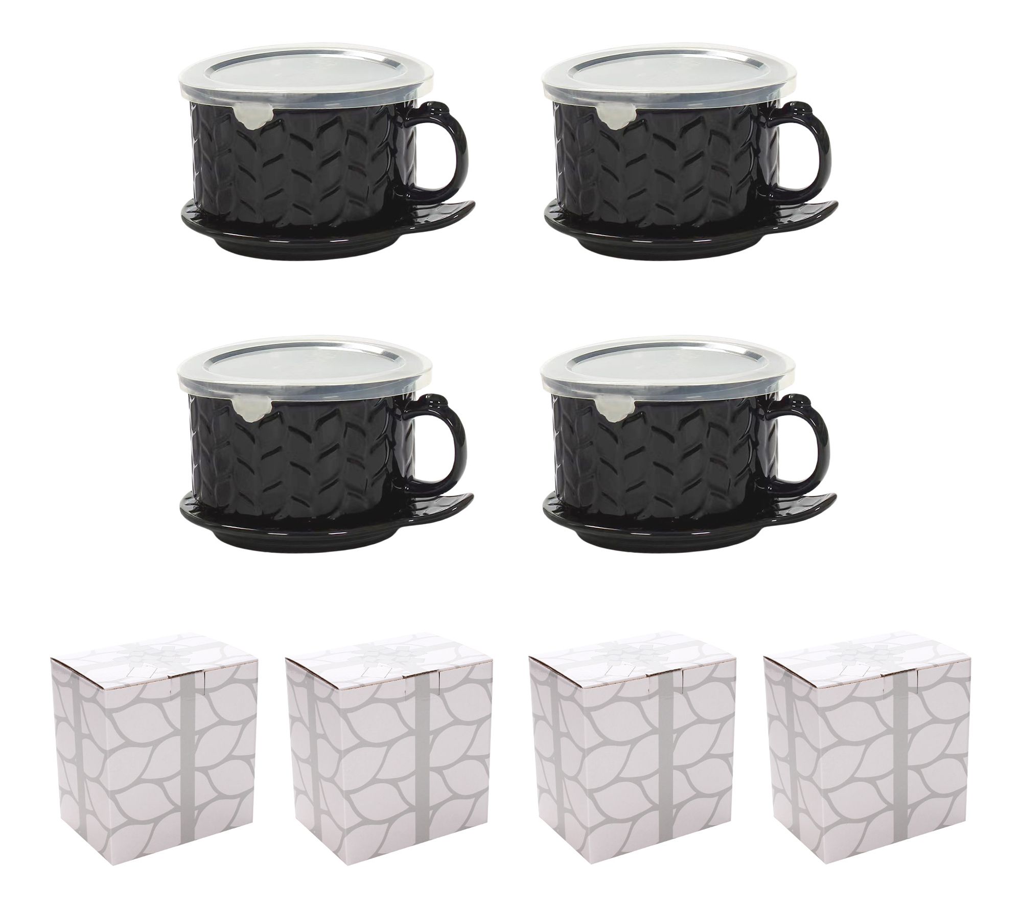 "As Is" Temp-tations Carved Willow Set of (4) 25oz Mug Meals Lid
